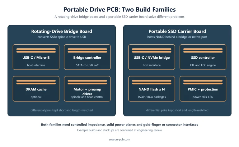 Diagram comparing a rotating-drive bridge board and a portable SSD carrier board with key components