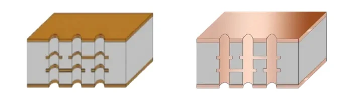 Cross-section comparison of a multilayer PCB hole wall before and after electroless copper deposition