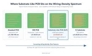 Spectrum diagram comparing line and space of standard PCB, HDI PCB, substrate-like PCB and IC substrate