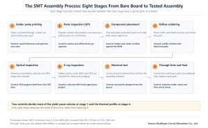 SMT assembly process flow across eight stages from solder paste printing to reflow, X-ray inspection and electrical test