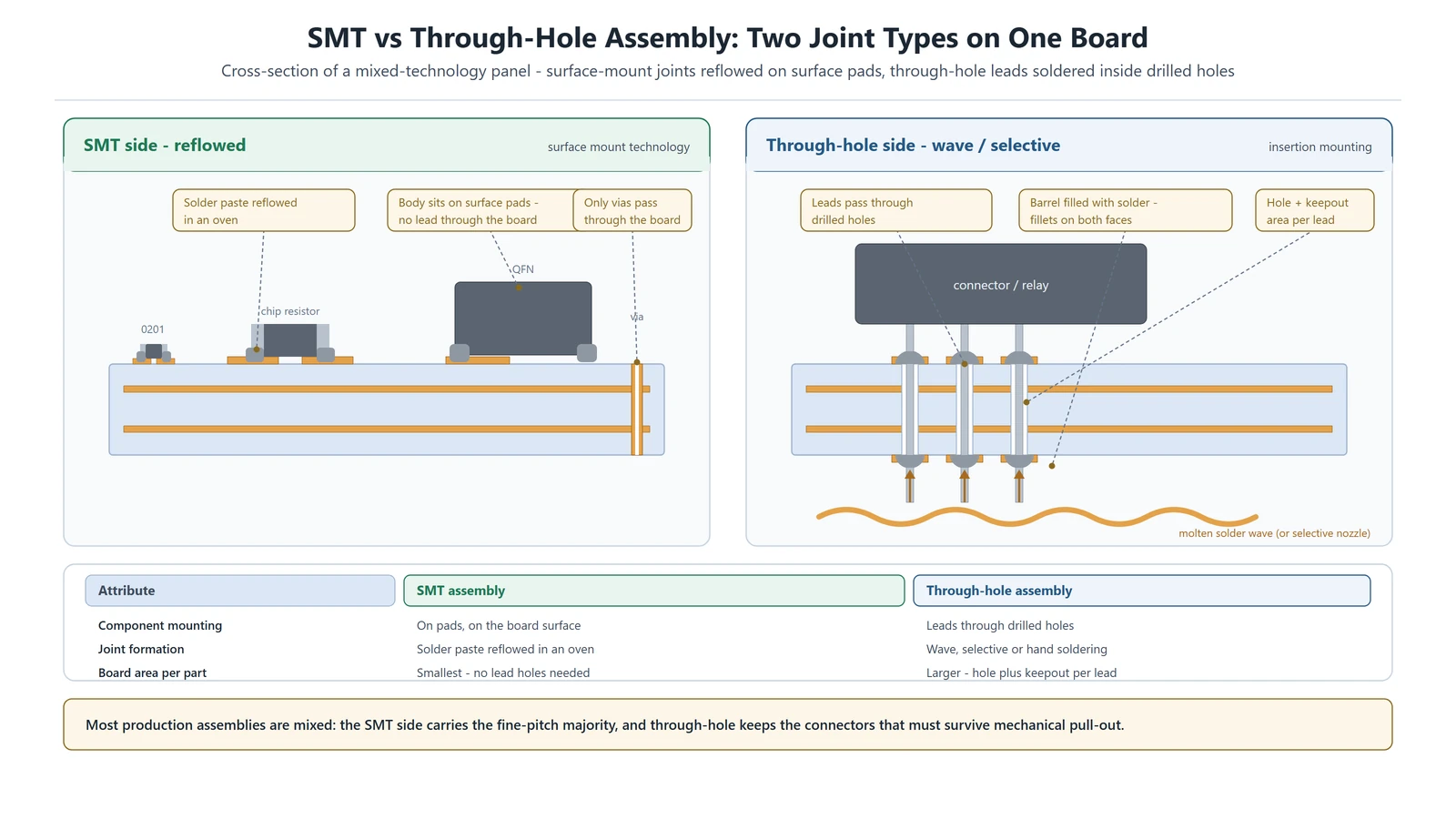 SMT vs through hole assembly compared on one mixed-technology PCB cross-section: surface-mount joints reflowed on surface pads, and through-hole leads soldered inside drilled holes