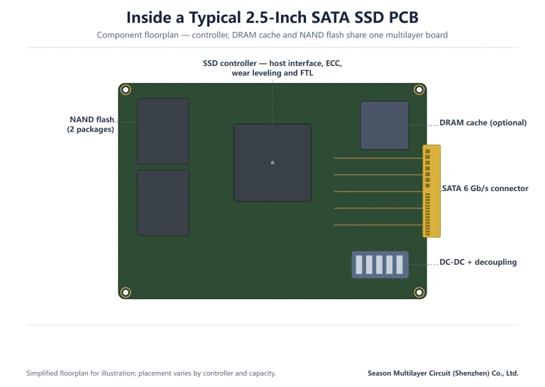 Component floorplan of a typical 2.5-inch SATA SSD PCB showing controller, NAND flash and DRAM placement