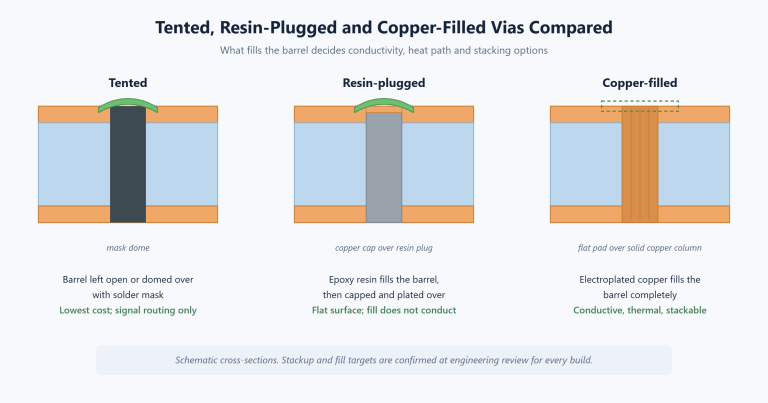 Cross-section comparison of tented, resin-plugged and copper-filled vias in a PCB