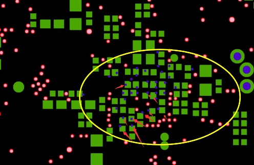 PCB layout showing vias placed inside BGA pads in a dense routing region