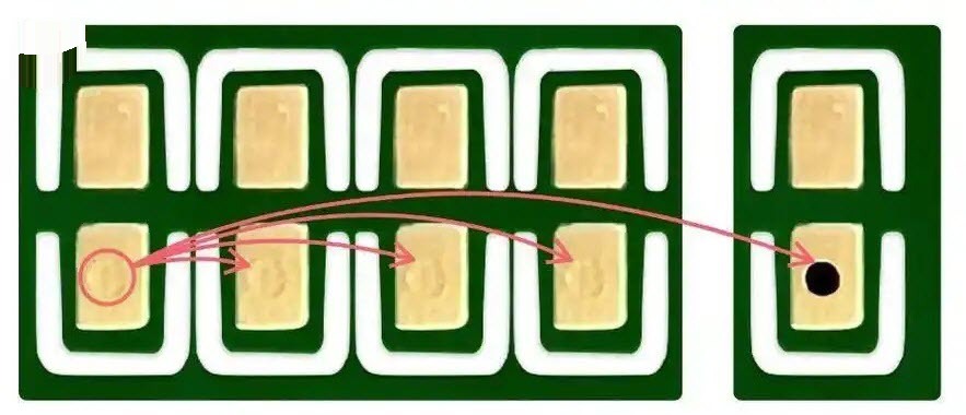POFV via-in-pad pads compared with standard drilled pads on a PCB